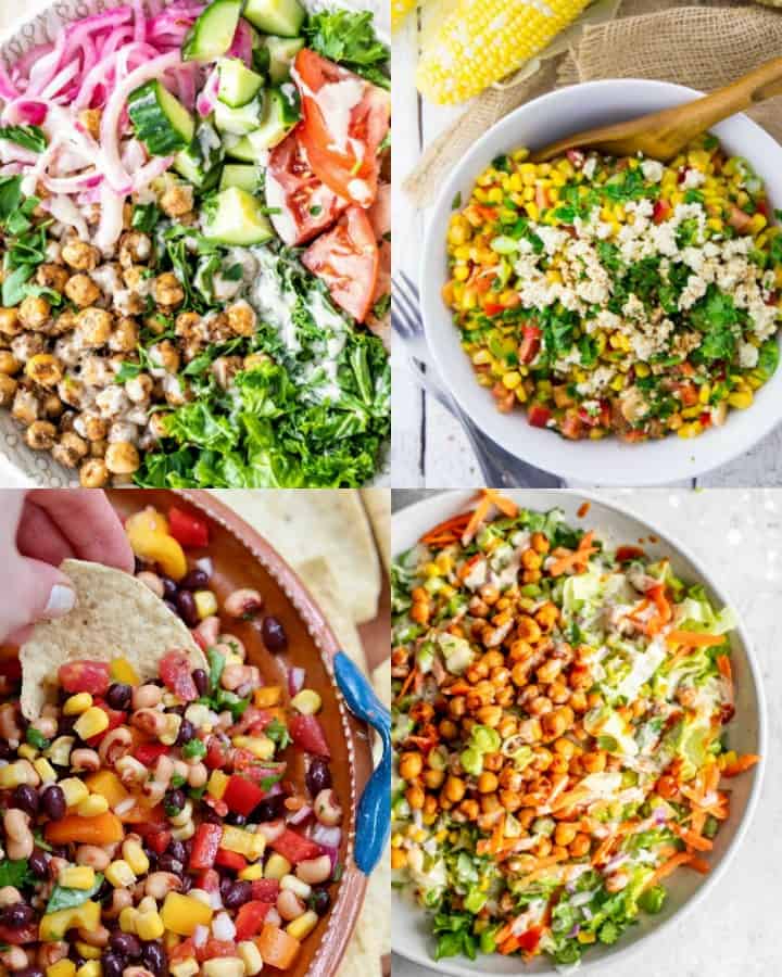 a collage of four vegan salad recipes 