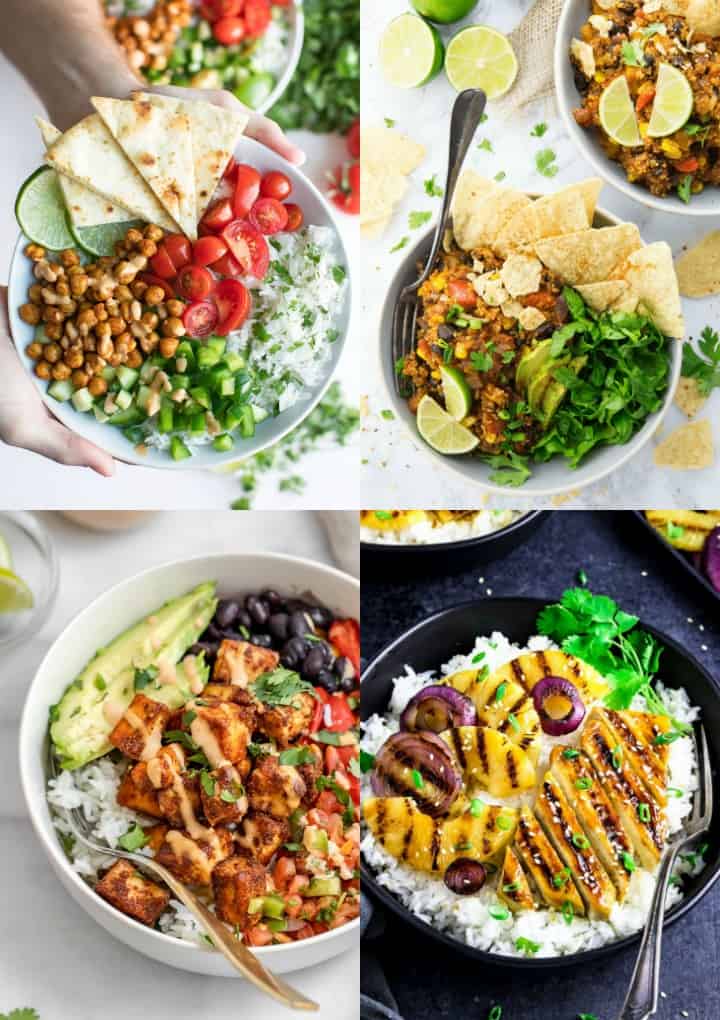 a collage of four vegan bowls recipes 