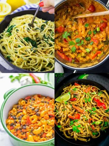 a collage of four vegan one pot pasta recipes