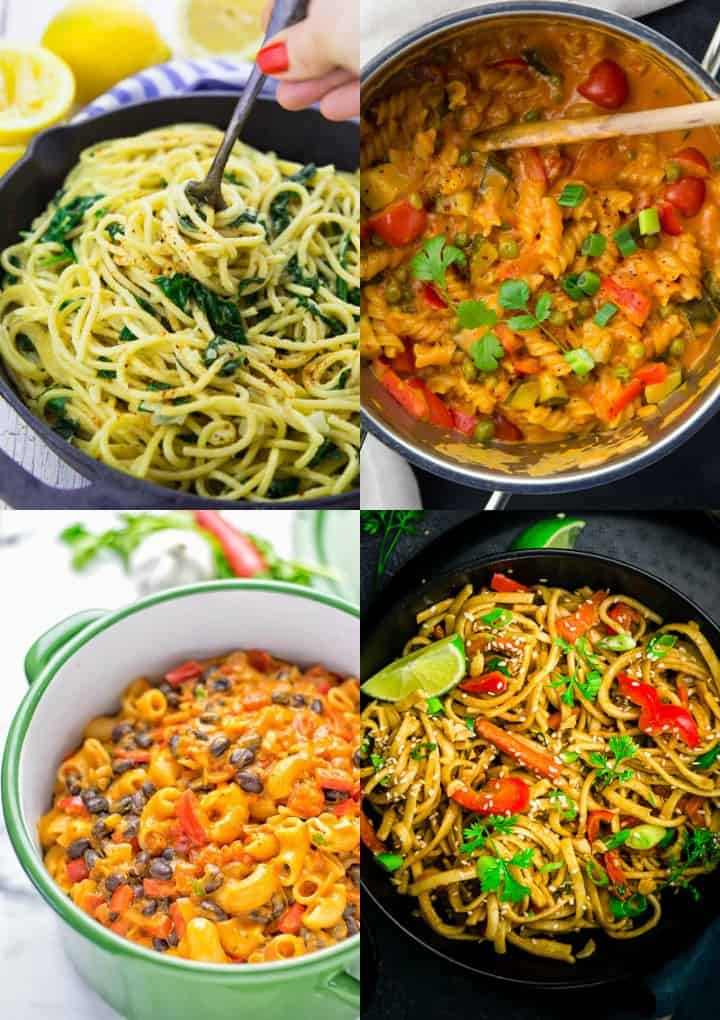 a collage of four vegan one pot pasta recipes 