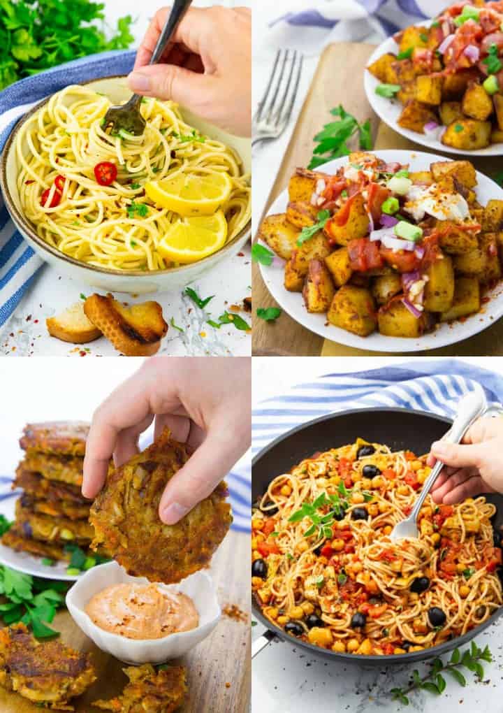 a collage of four vegan recipes with canned food and staples 