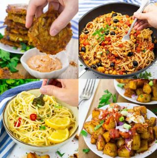 a collage of four photos of vegan recipes with canned foods