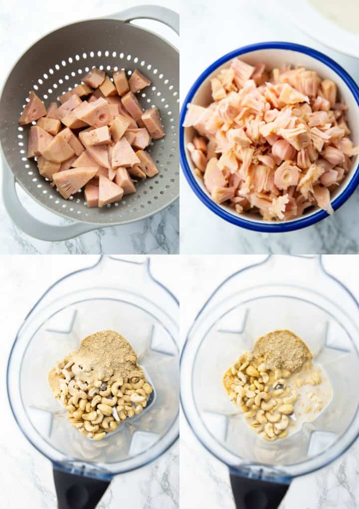 a collage of four photos that show the preparation of a Jackfruit buffalo dip 