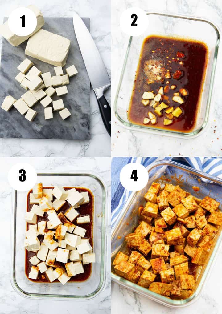 a collage that shows how to make air fryer tofu 