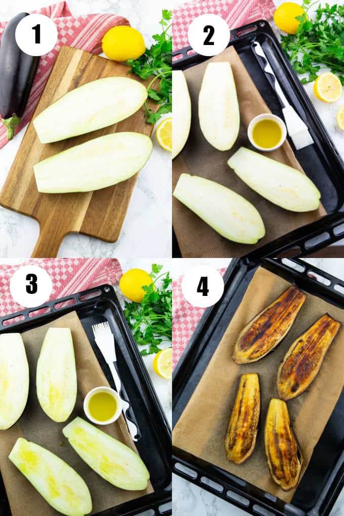 a collage of four photos that show how to make baba ganoush