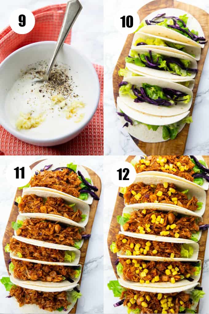 a collage of four photos that show how to make jackfruit tacos