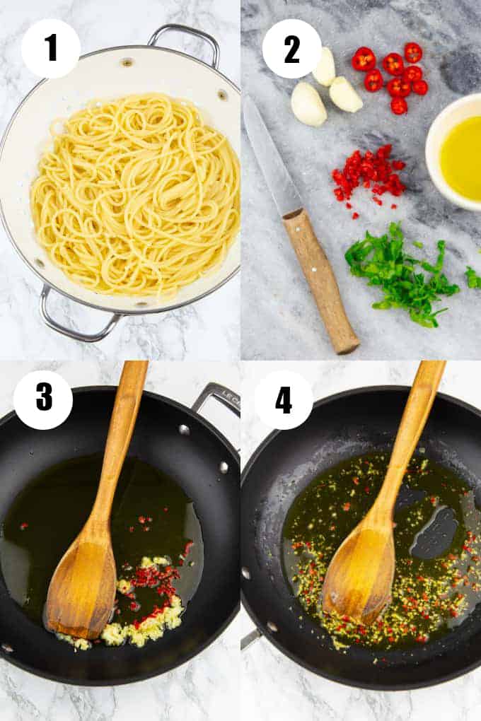 a collage of four recipes showing how to make spaghetti aglio e olio