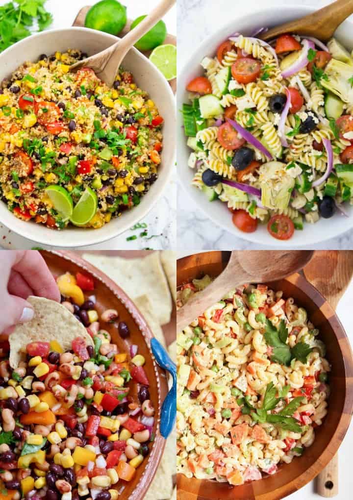 a collage of four summer salads 