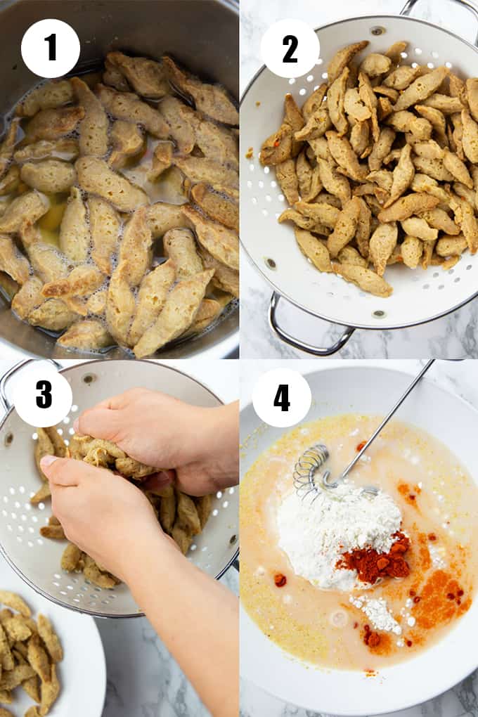 a collage of four step-by-step photos that show how to make vegan chicken
