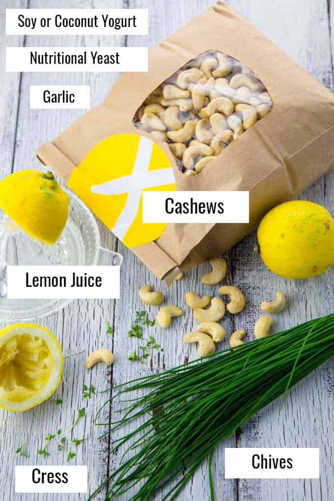 various cooking ingredients for this recipe on a counter with labels 