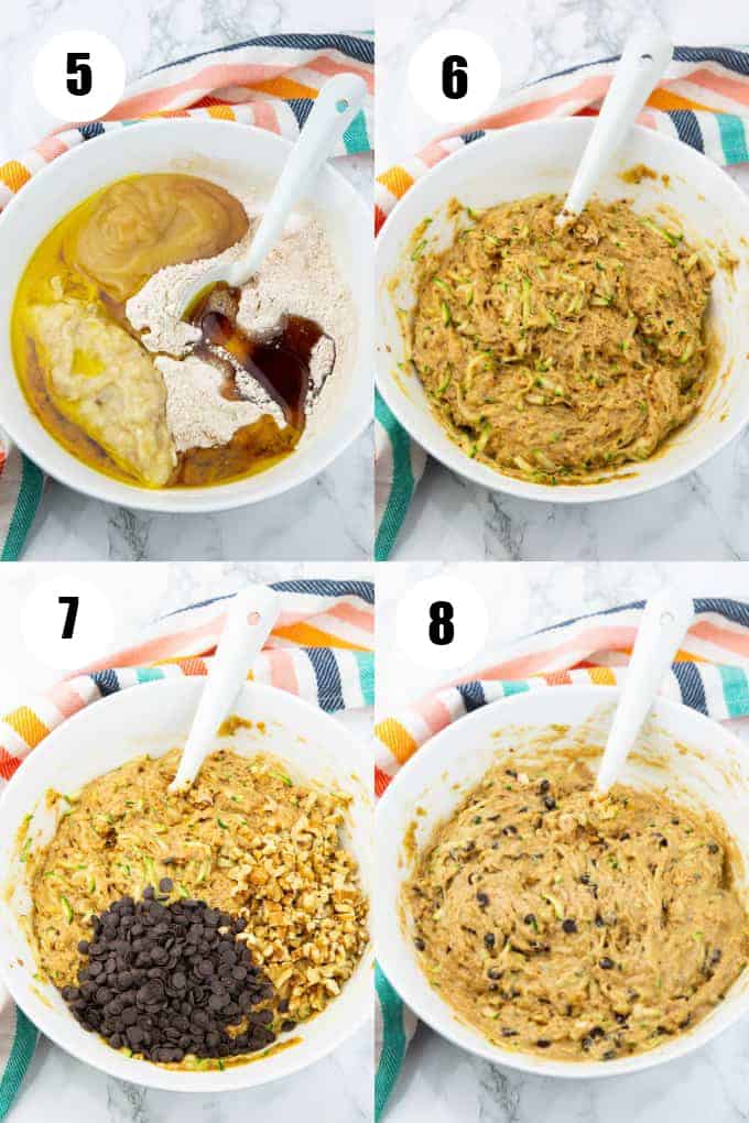 a collage of four step-by-step photos that show how to make vegan zucchini bread