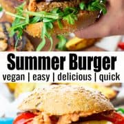 a collage of two photos of a vegan burger with a text overlay