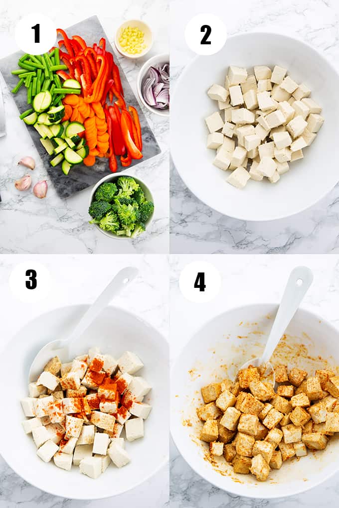 a collage that shows how to make tofu stir fry 