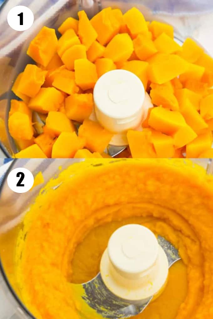 a collage of two photos that shows how to make pumpkin puree 