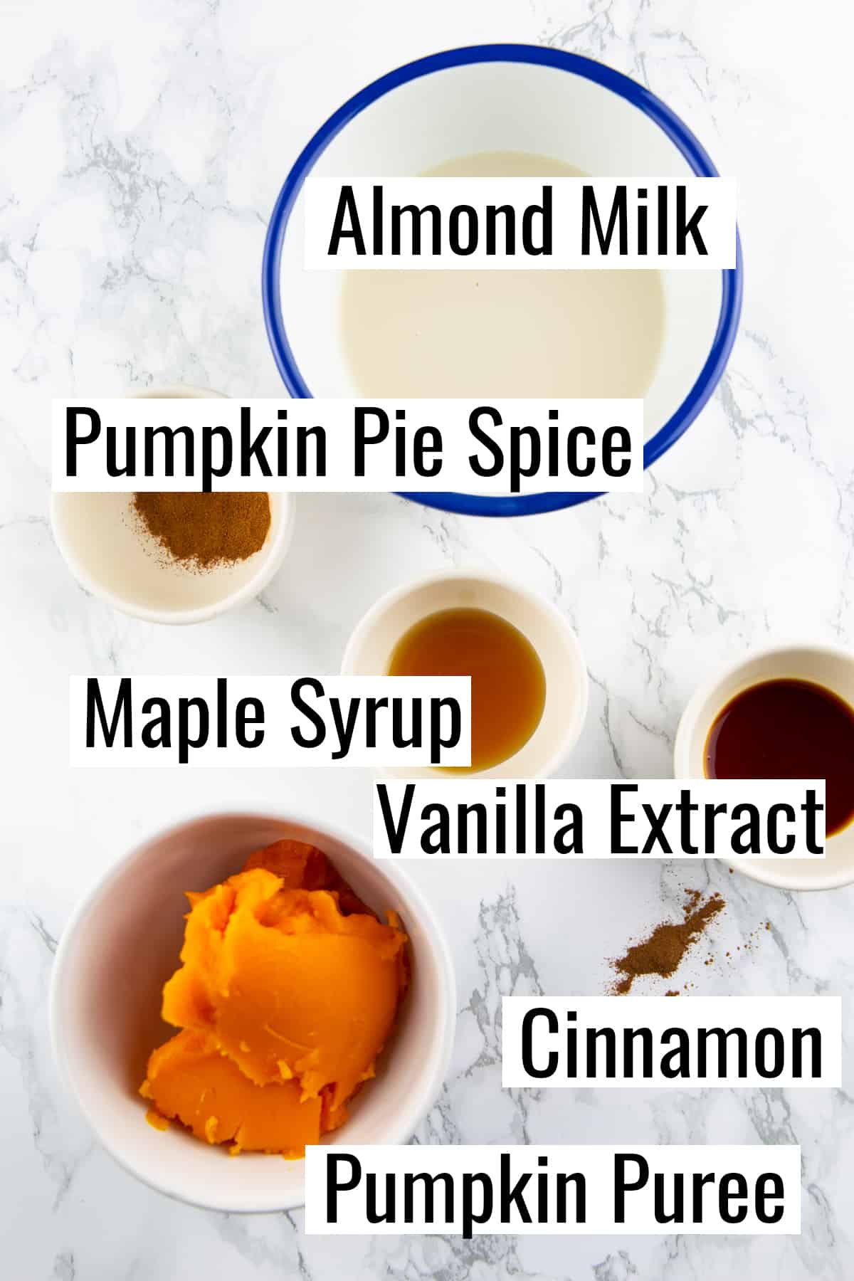 ingredients that go into this recipe on a marble countertop with labels