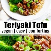 a collage of two photos of teriyaki tofu with a text overlay