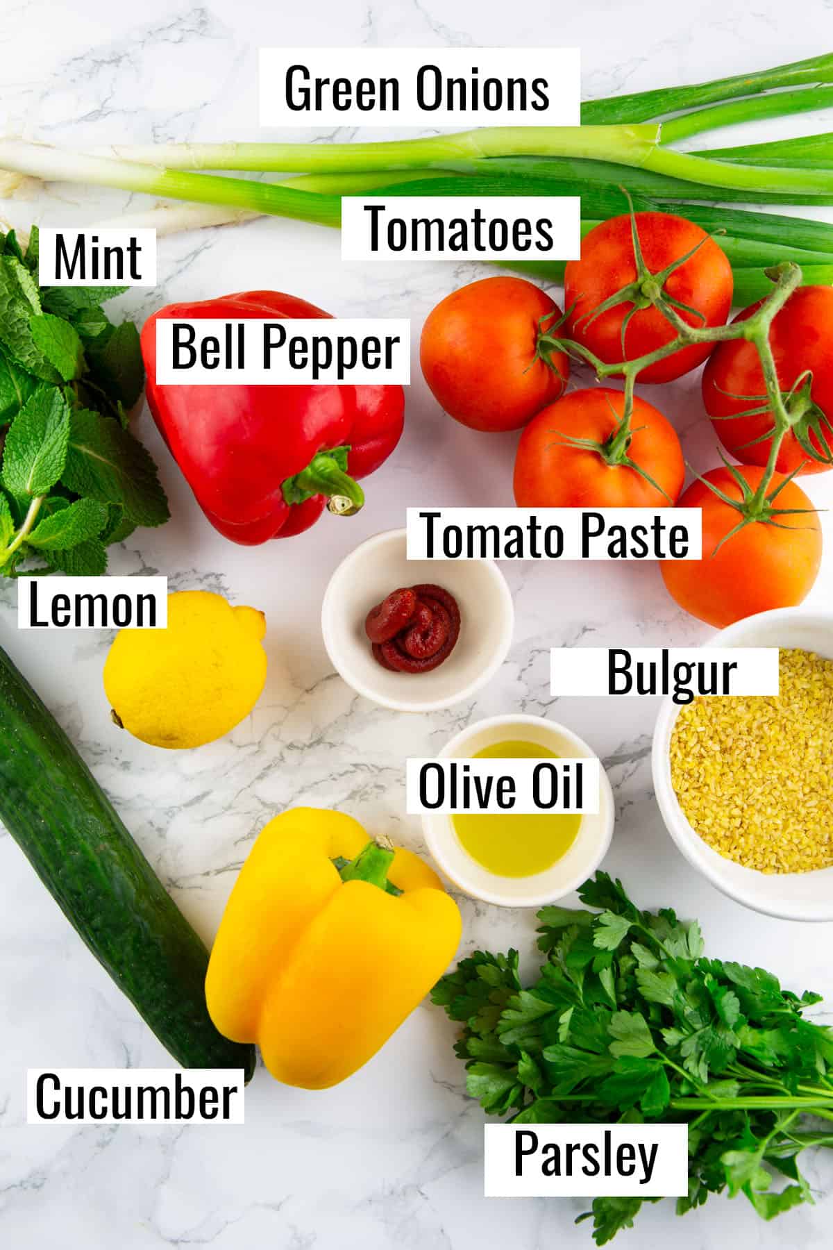 ingredients for this recipe on a marble countertop with labels 