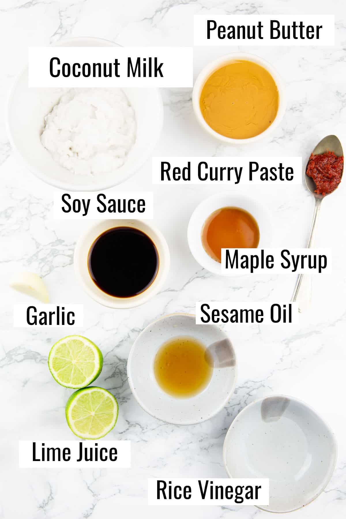ingredients for this recipe on a marble countertop with labels 