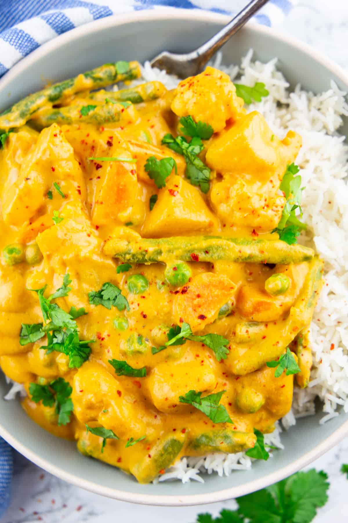 close-up photo of vegetable korma over basmati rice in a grey bowl 