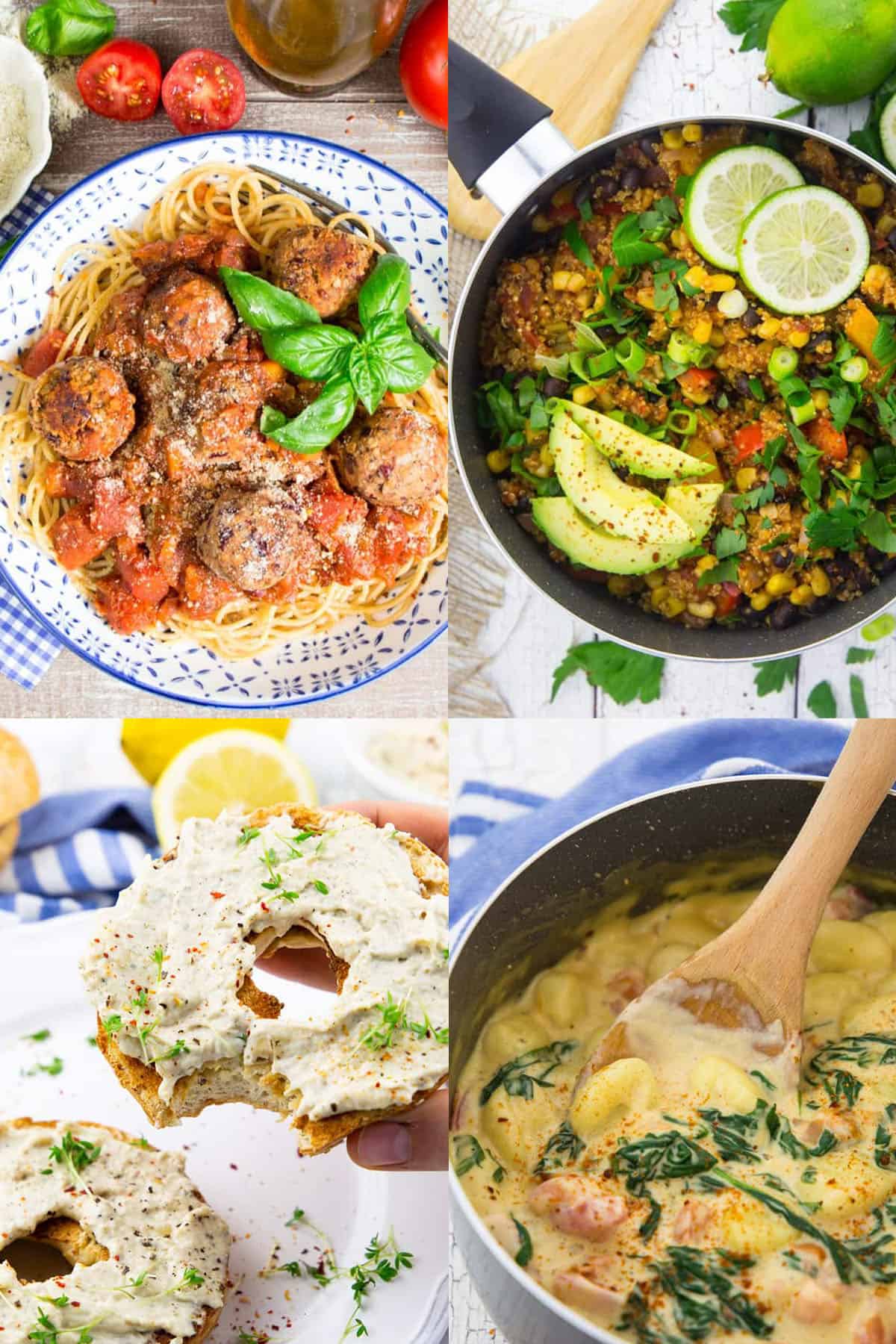 a collage of four easy vegan recipes for beginners 