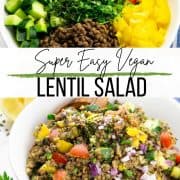 a collage of two photos of a lentil salad with a text overlay