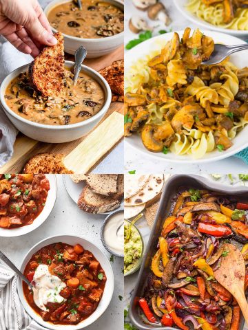 a collage of four photos of vegan mushroom recipes