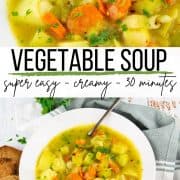 a collage of two photos of creamy vegetable soup with a text overlay