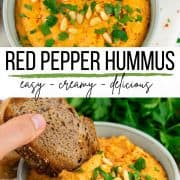 a collage of two photos of roasted red pepper hummus with a text overlay