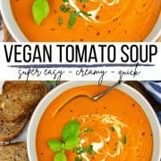 a collage of two photos of tomato soup with a text overlay