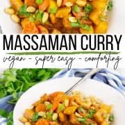 a collage of two photos of massaman curry with a text overlay