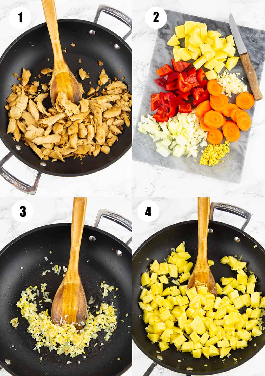 a collage of four step-by-step photos that show the preparation of this dish 