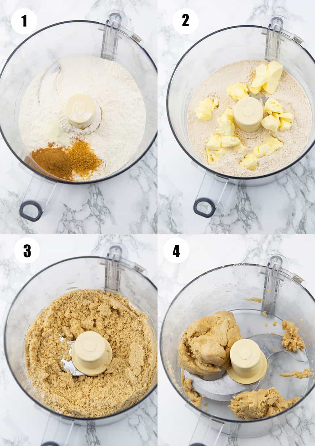 a collage of four photos that show the preparation of vegan pie dough in a food processor 