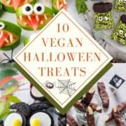 a collage of four vegan halloween treats with a text overlay