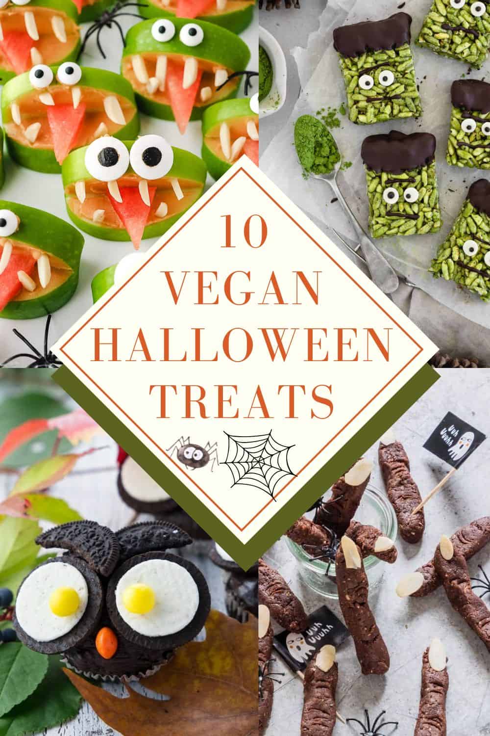 a collage of four vegan halloween treats with a text overlay 