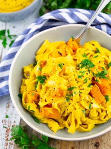 fettuccine with creamy pumpkin sauce in a gray plate