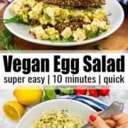 a collage of two photos of vegan egg salad with a text overlay