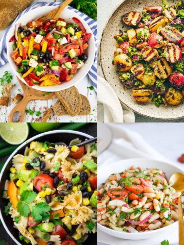 a collage of four vegan salads that are perfect for BBQs