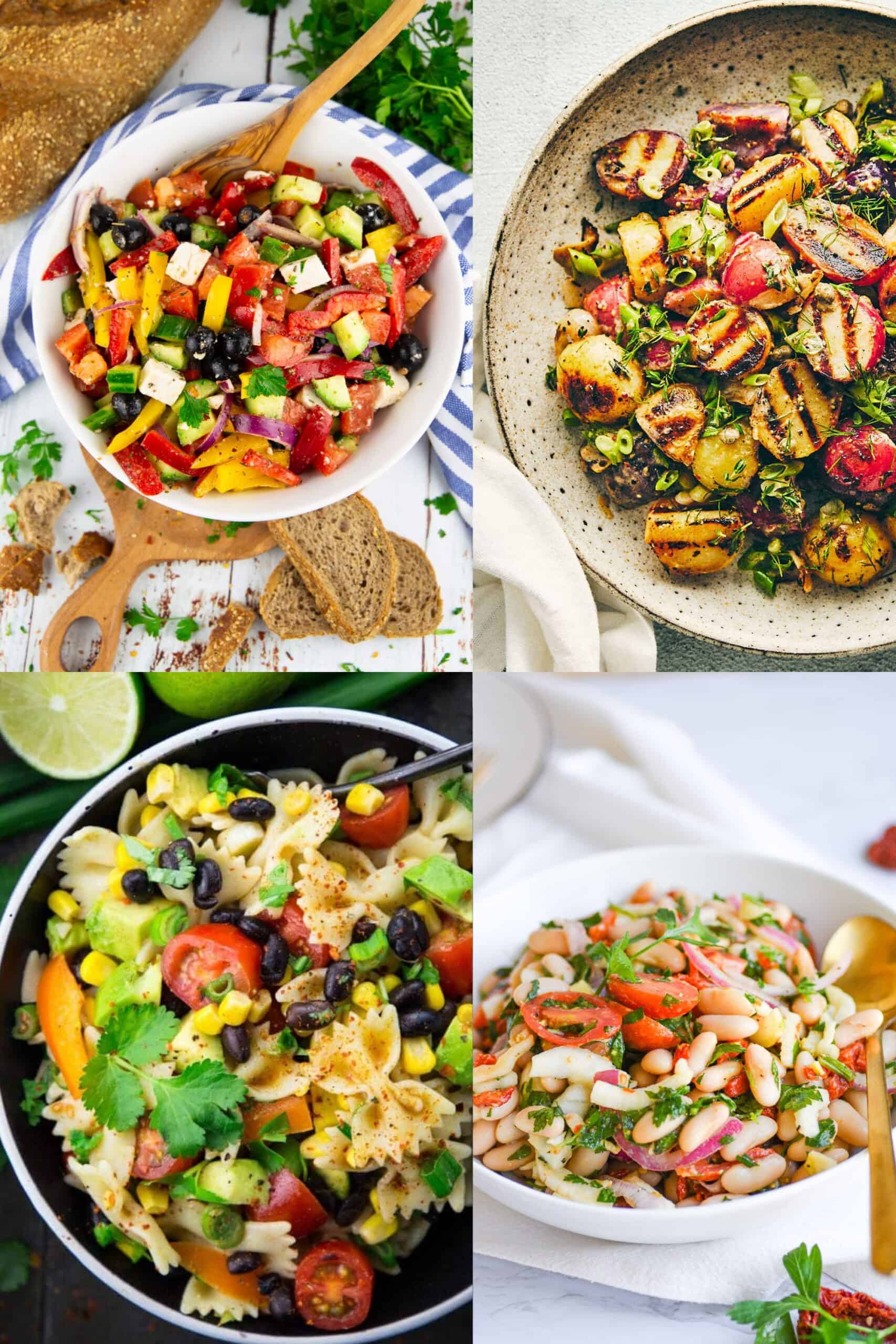 a collage of four vegan salads that are perfect for BBQs