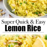 a collage of two photos of lemon rice with a text overlay