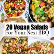 a collage of four vegan salads with a text overlay
