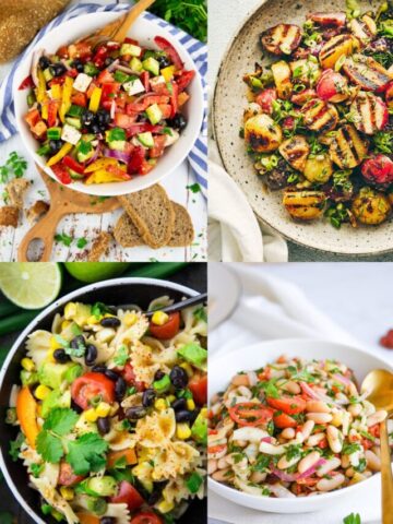 a collage of four vegan salads that are perfect for BBQs