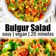 a collage of two photos of bulgur salad with a text overlay