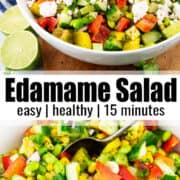 a collage of two photos of edamame salad with a text overlay
