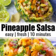 a collage of two photos of pineapple salsa with a text overlay