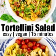 a collage of two photos of tortellini salad with a text overlay