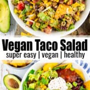a collage of two photos of vegan taco salad with a text overlay