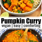 a collage with two photos of a pumpkin curry with a text overlay