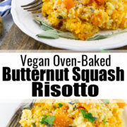 a collage of two recipes of butternut squash risotto with a text overlay