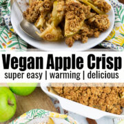 a collage of two photos of a vegan apple crips with a text overlay