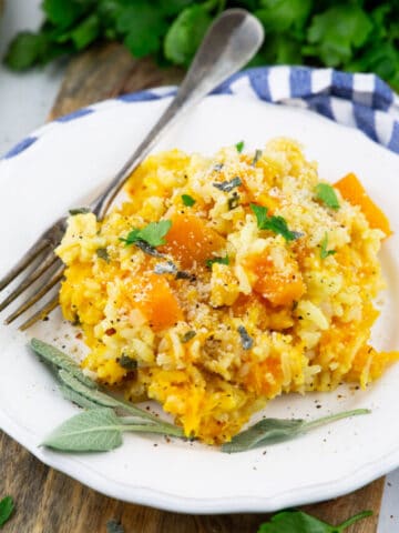 a white plate with butternut squash risotto with fresh sage and a fork